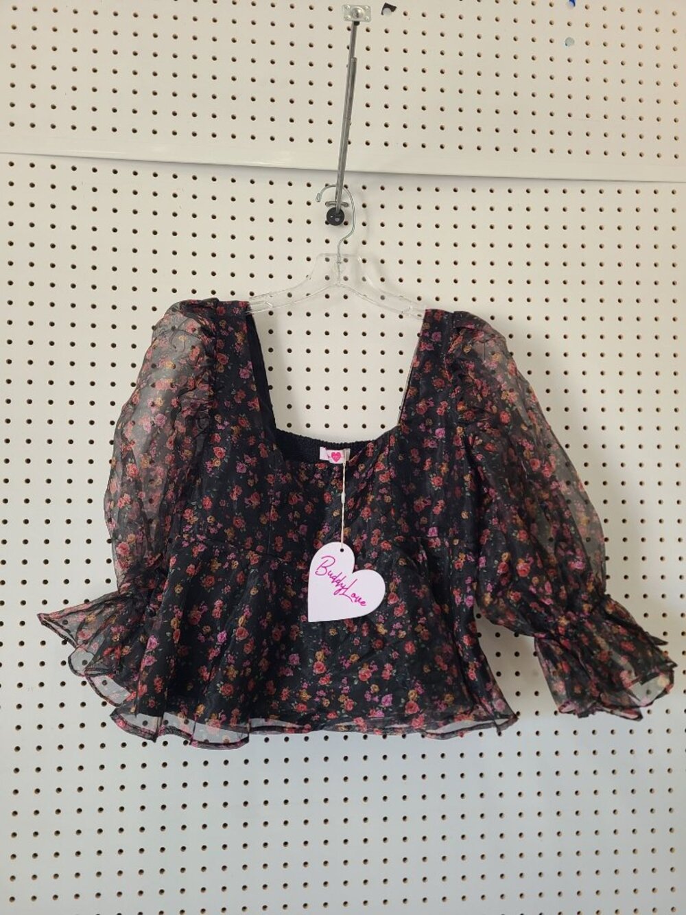 BuddyLove Black Floral Sheer Puff Sleeve Smocked Peplum Top - Large